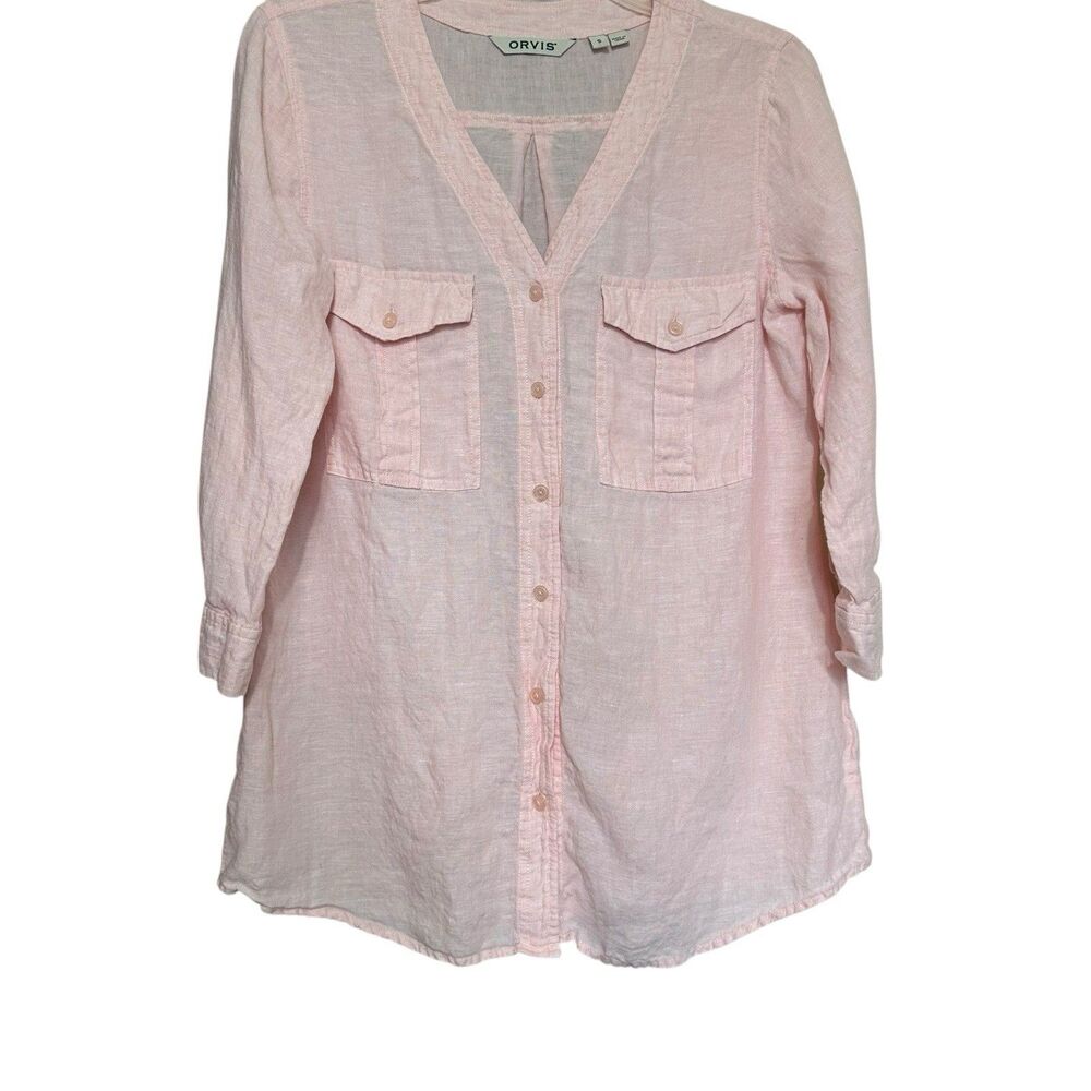 Orvis Womens Soft Pink Linen Button Up V Neck Top Blouse Sz S Casual Feminine
